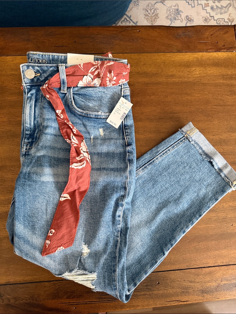 Maurices Blue Distressed Boyfriend Jeans with Floral Sash